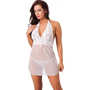 Babydoll Amorable Selene Alb Babydoll Dantela Transparenta Cu Chilot Inclus