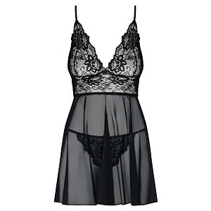 Babydoll Transparent Plasa Si Dantela Babydoll Negru Croiala Evazata Pentru Silueta