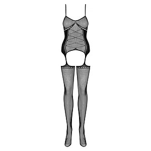 Catsuit Cu Imitatie Siret Corset Bodystocking Negru Marime S-l