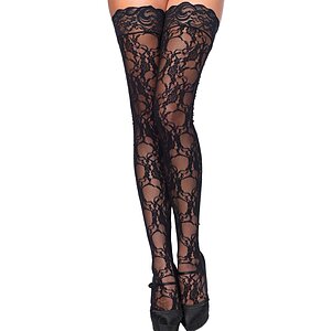 Dresuri Leg Avenue Stay Up Of Floral Lace Negru pe SexLab