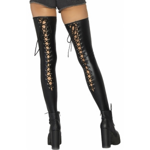 Dresuri Leg Avenue Wetlook Lace Up Thigh Highs Negru pe Sexlab.ro