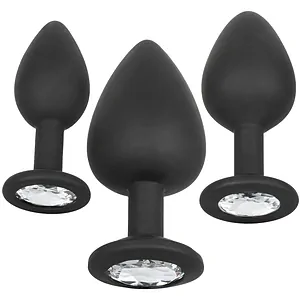 Set 3 Dopuri Anale Negre Silicon Dopuri Anale Negre Cu Baza Stralucitoare