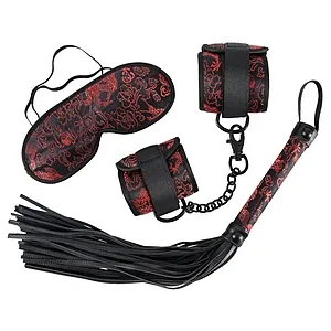 Set Bondage Negru Cu Model Tesut Rosu Set Bondage Din Satin Negru Cu Model Rosu