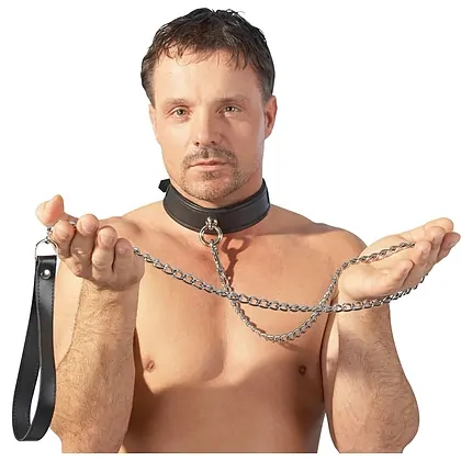 Lesă Metalică Mâner Piele Negru