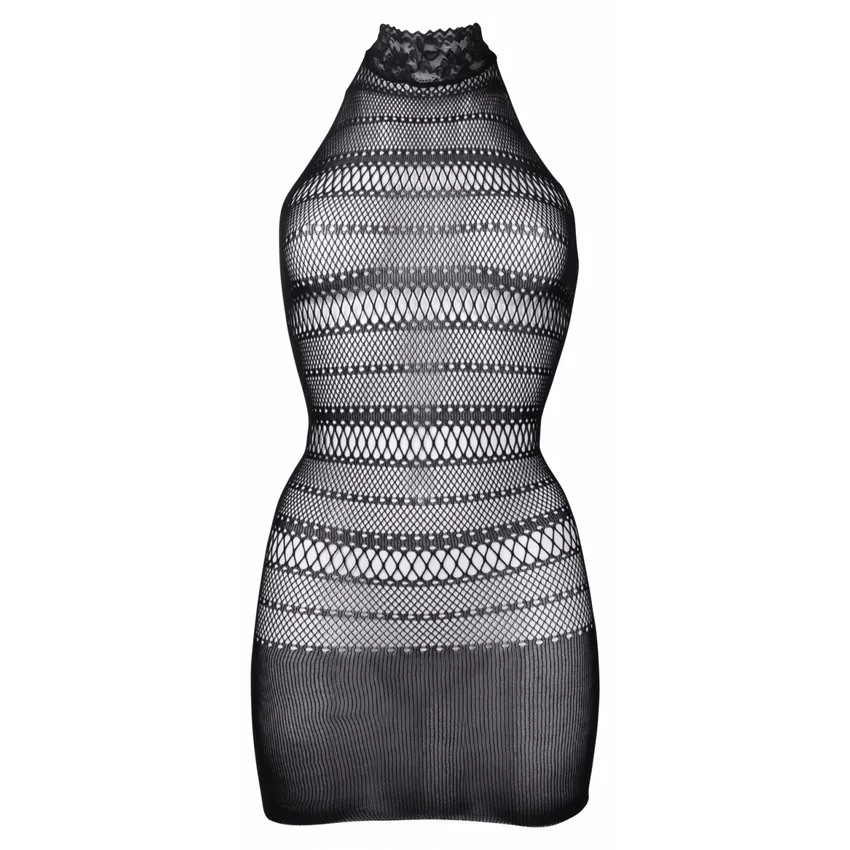 Le Desir High Lace Neck Net Mini Dress Negru S-L