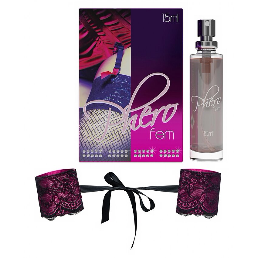 Pachet Parfum Feromoni PheroFem 15ml + Cătușe Obsessive Roseberry Mov Roz